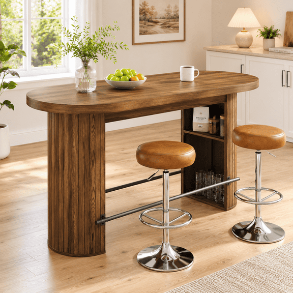 Doyolan 59'' Farmhouse Bar Table with Storage Shelves, Counter Height Pub Table with Footrest, Oval Home Bar Table for Kitchen Dining Room, Walnut