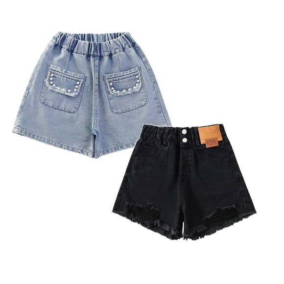 FhsagQ 2 Pack Girls Denim Shorts Wide Leg Summer Casual High Waist with Front Pockets Comfortable Stretch Solid Color Tween Size 9-10 Years