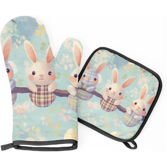 Spring Easter Bunny Oven Mitts and Pot Holders Set of 2, Heat Resistant Oven Mitts Kitchen Oven Glove for Cooking, Baking