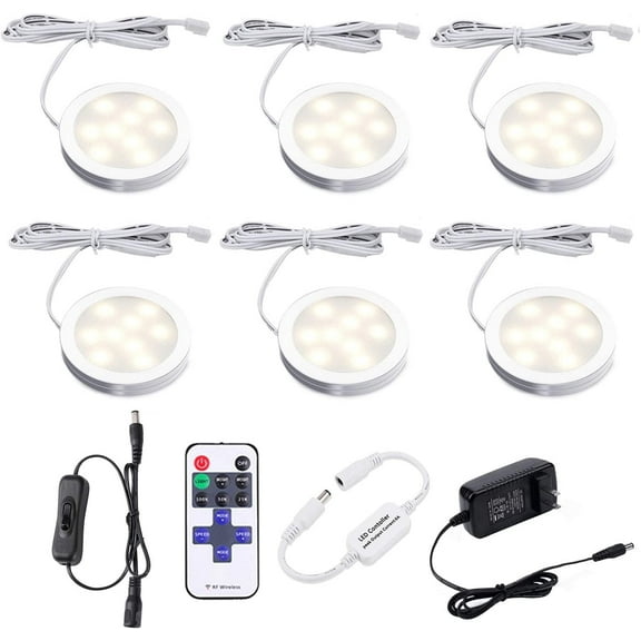 Aiboo Dimmable LED Under Cabinet Lighting Kit with Wireless Remote, 6 Ultra Slim Puck Lights, 12V Plug-in, Warm White