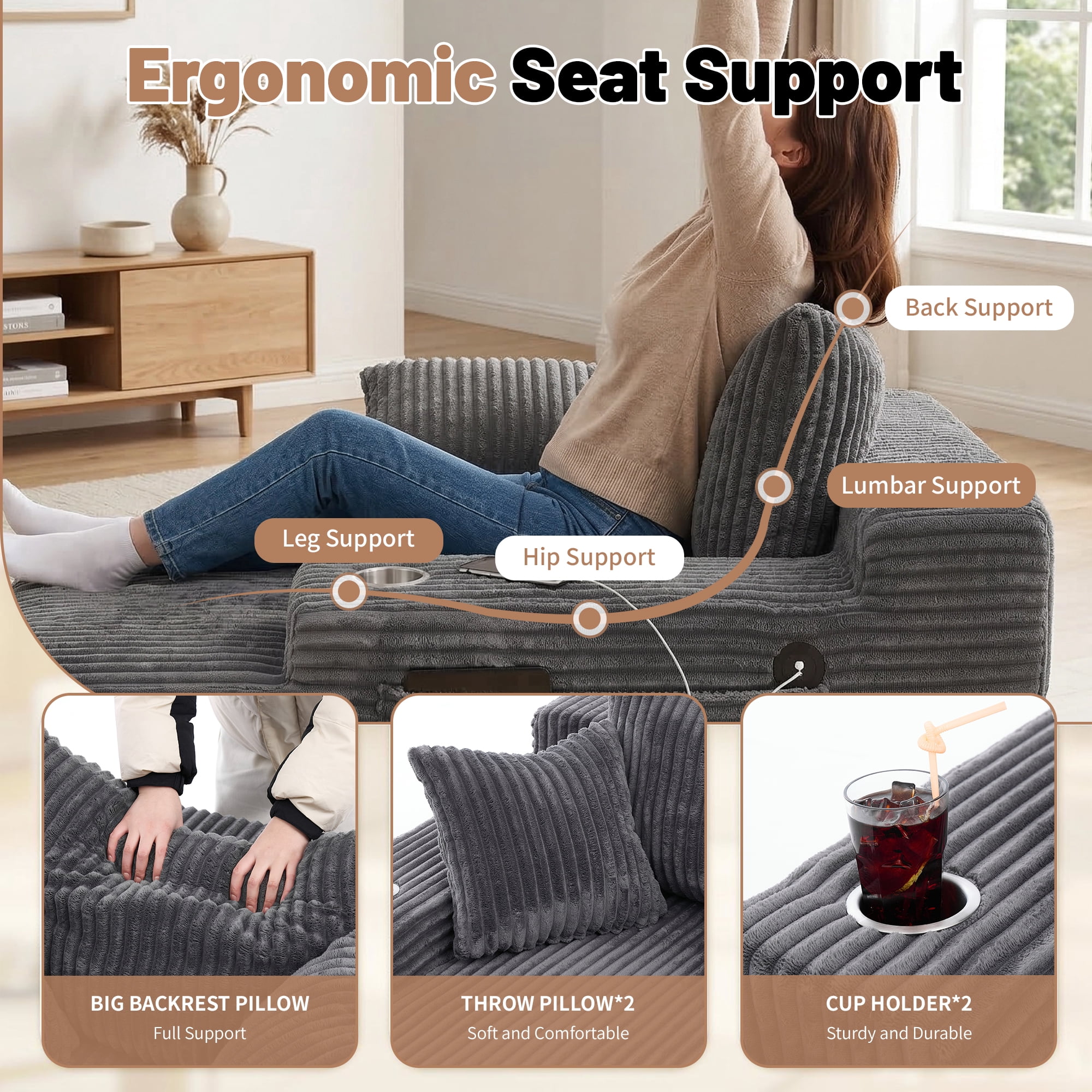 66 Inch Chaise Lounge Chair for Indoor Use, Oversized Corduroy Upholstered Boneless Sofa Bed, Deep Seat Sleeper Couch, No Assembly Required，800lb Support gray