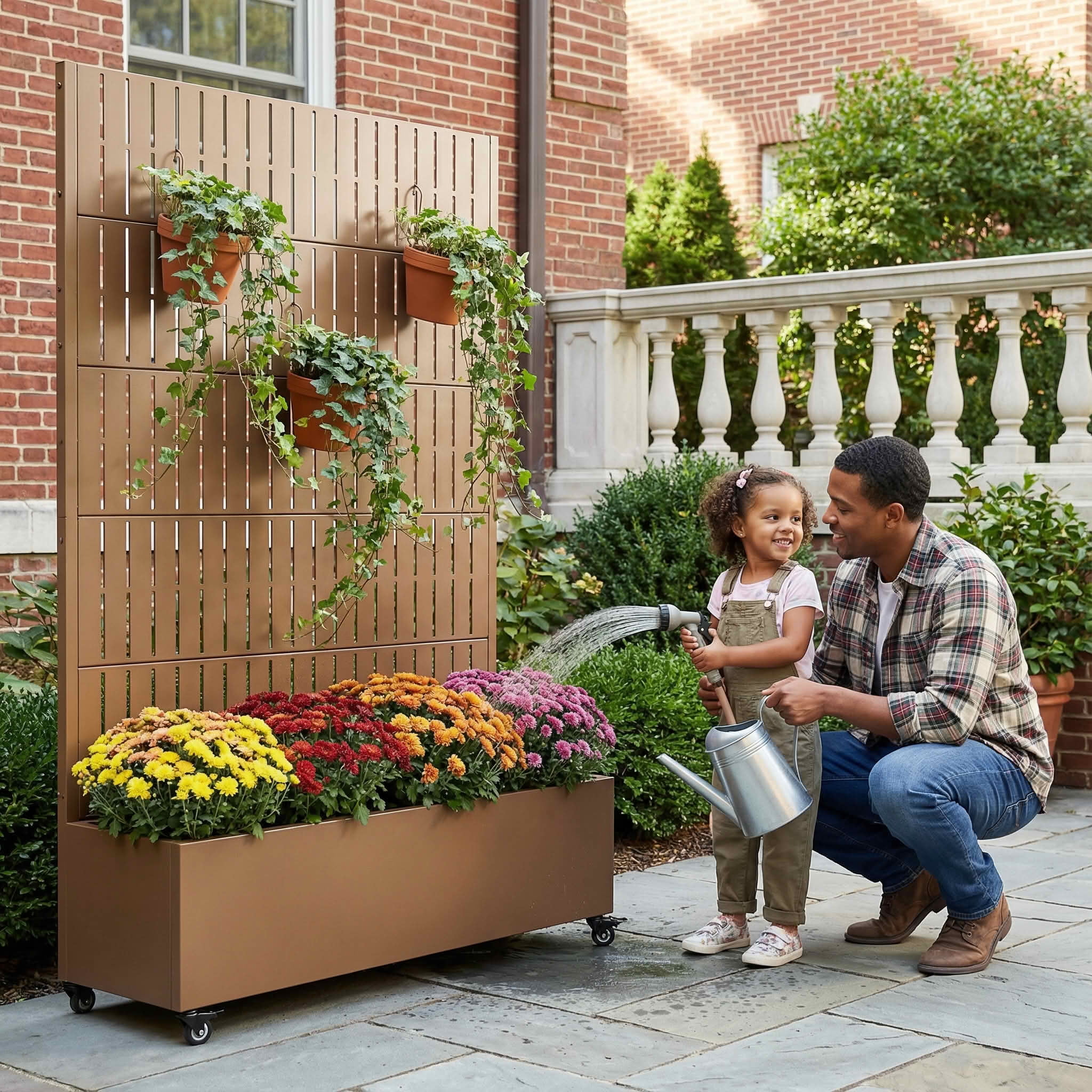 MAYEERTY 72X47" Metal Outdoor Brown Privacy Screen with Planter Box for Backyard & Garden, 5 Piece Set