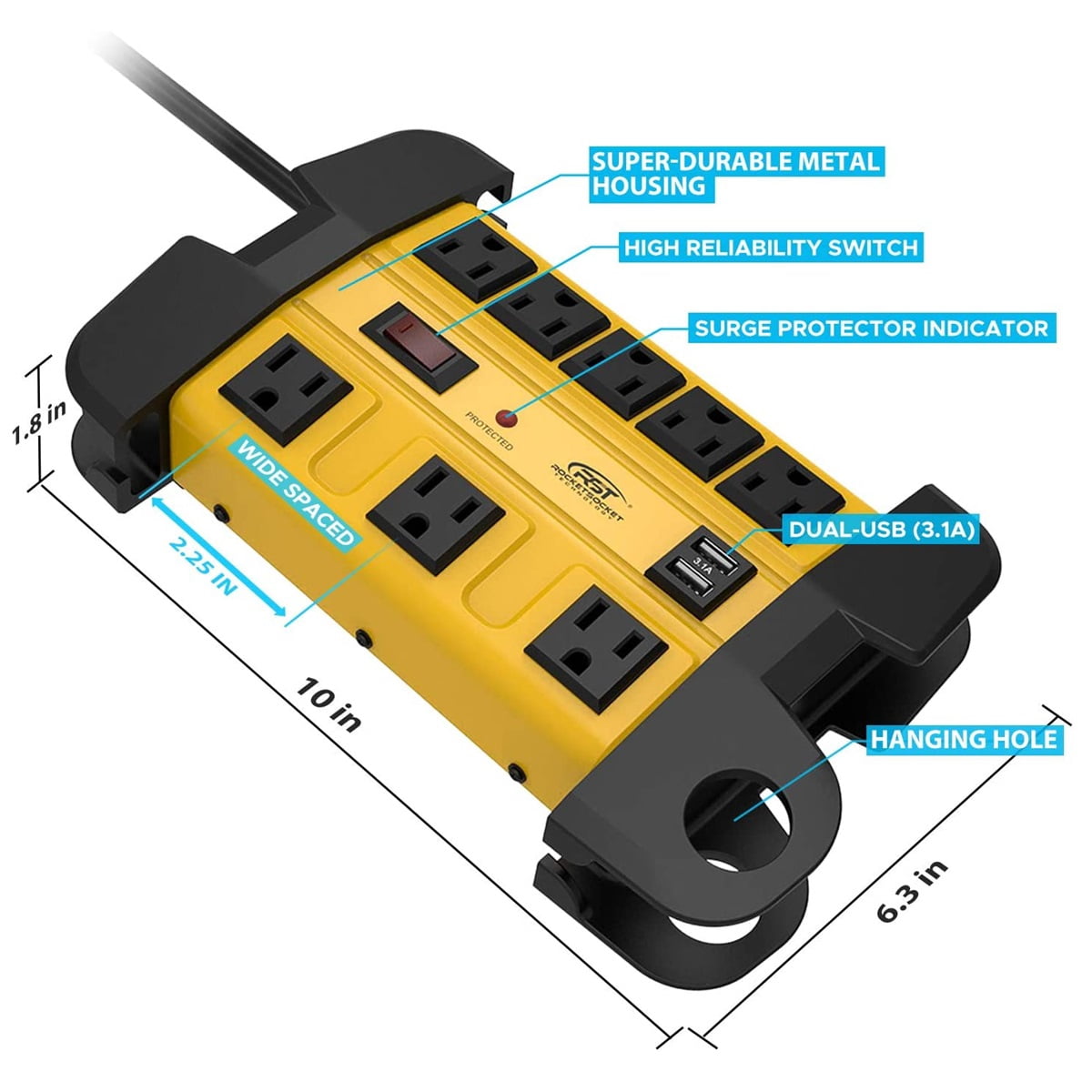 CRST Surge Protector Power Strip with USB Dual Ports 1350J Metal Heavy Duty 8 Outlets 15FT Long Extension Cord, Mountable & Hanging, ETL Listed