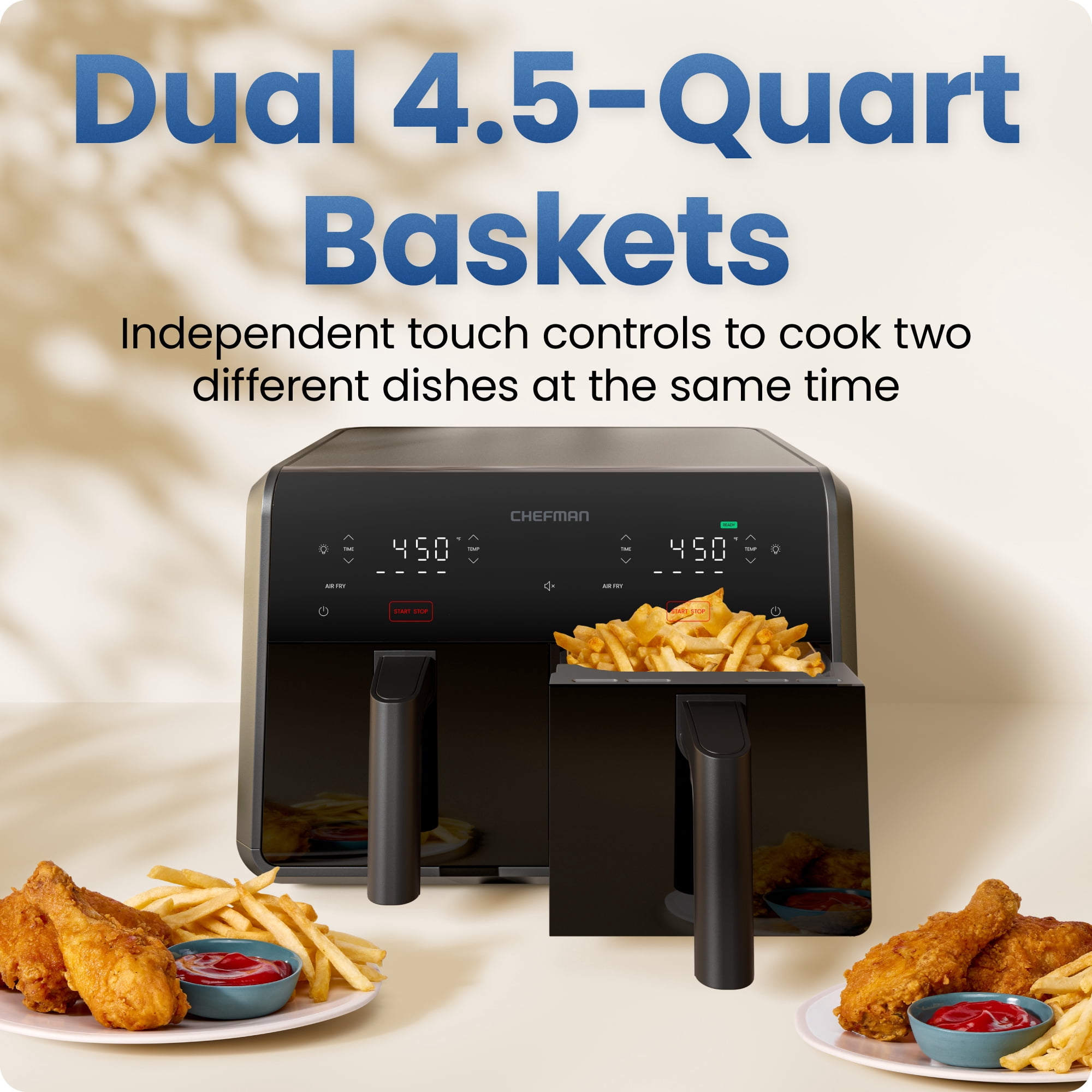 Chefman 9-Quart TurboFry Dual Basket Air Fryer with 4 Cooking Functions, 450°F Max Temp - Black