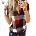 thumbnail image 1 of T-Shirt Femme Col en V Manches Courtes T-Shirt Femme Imprimé à Carreaux Blouse Décontractée, Rouge, S, 1 of 4
