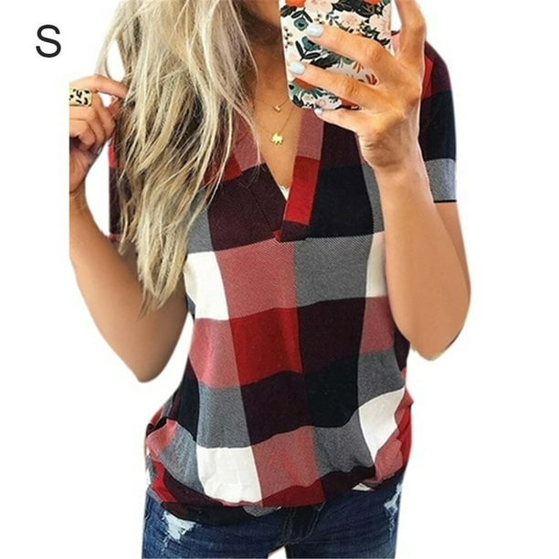 Qarigey Camiseta de manga corta de verano para mujer, blusa campesina de talla grande con cuello en V, Tops a cuadros Prendas para la parte del cuerpo Rojo S