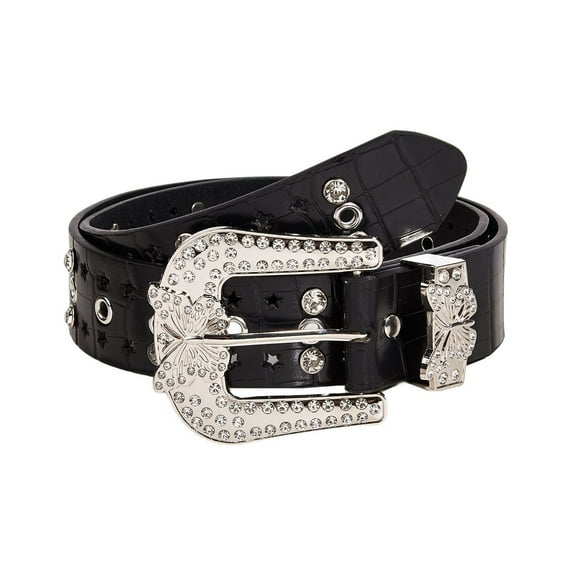 SWSMCLT Women's All Seasons Belt 2025 Groove Belt Faux Leather Adjustable Belts Bling Glitter Chunky Casual Black X-Small-Large
