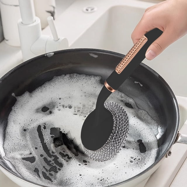 Cepillo de mango largo para ollas, para uso doméstico, para limpieza de cocina, para lavar ollas sin aceite ni dañar la olla, con lana de acero y cabezal reemplazable.
