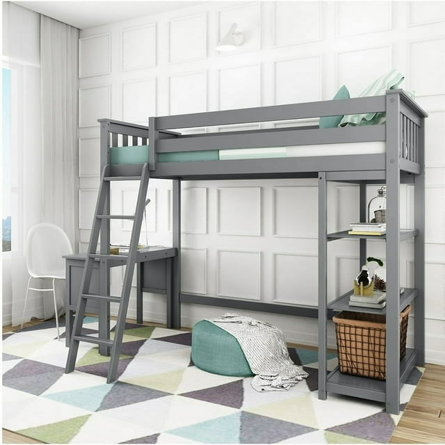Max & Lily Loft Bed, Solid Wood Twin High Loft Bed with Bookcase and Desk for Kids, Grey