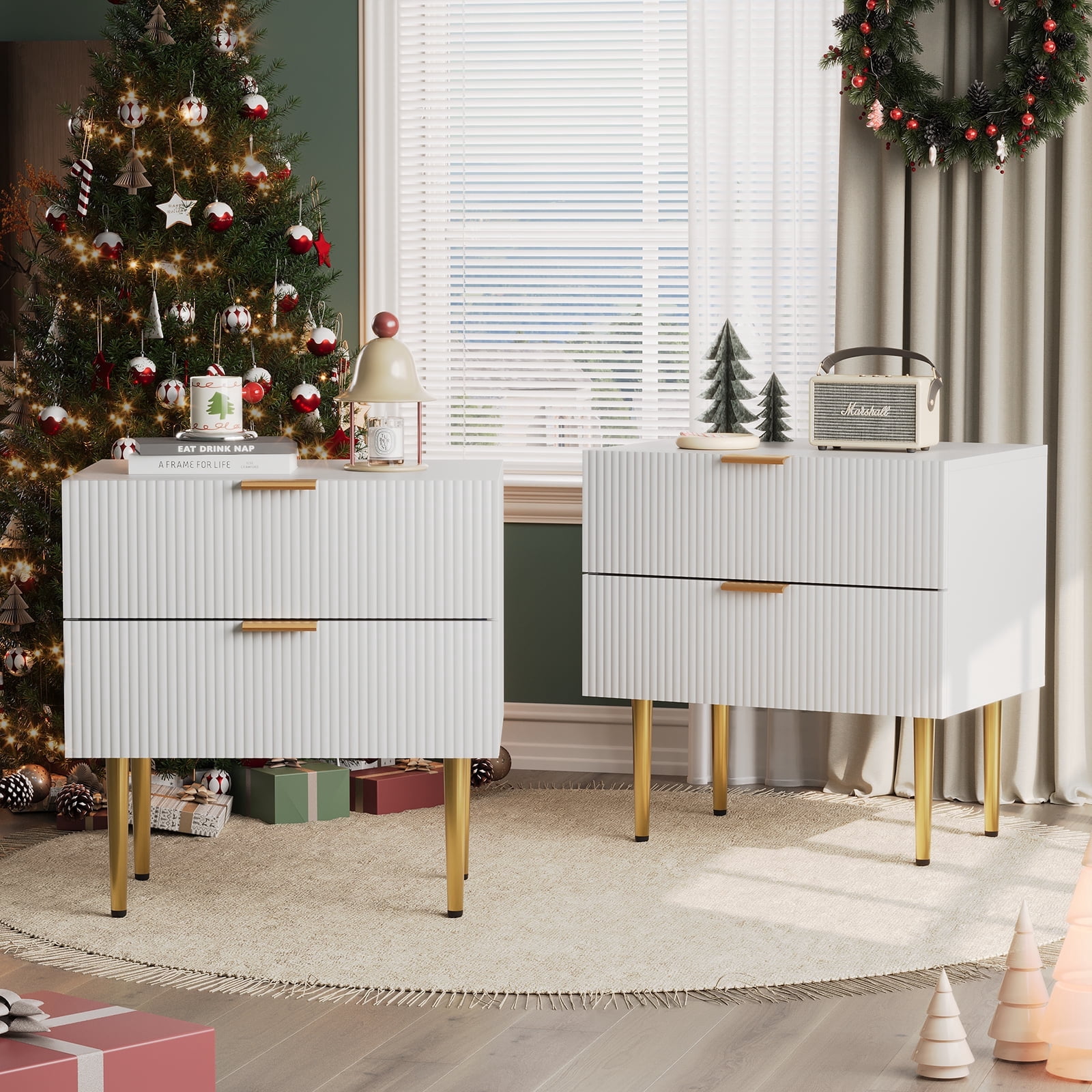 Smart FENDEE Modern Nightstands with 2 Drawers Bedside Table for Bedroom,White,Set of 2,Adult,Wooden