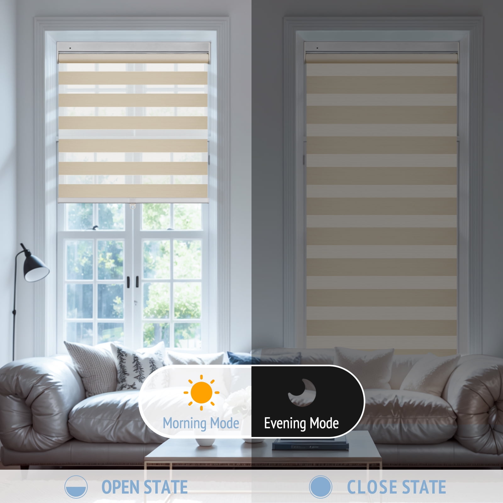 Keego No Tools No Drill Cordless Zebra Roller Blinds Blackout Dual Layer Roller Shades Privacy Zebra Windows Shades Zebra Blinds for Windows - Sand, 26"W x 64"H