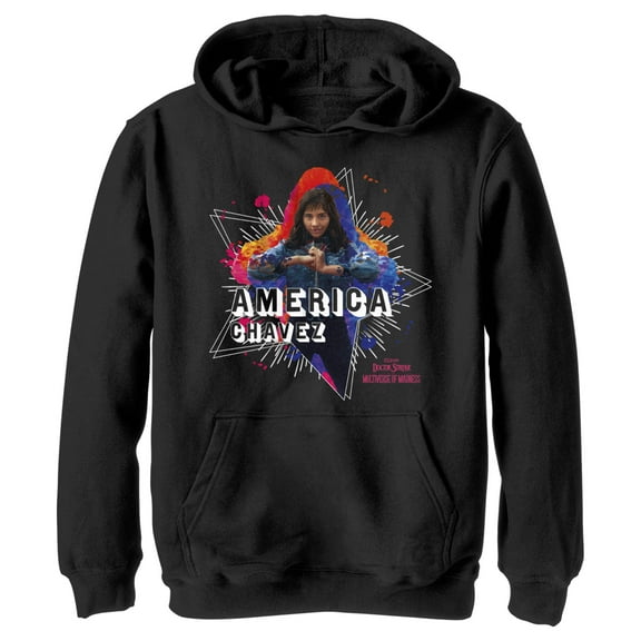 Boy's Marvel Doctor Strange in the Multiverse of Madness America Chavez Paint Splatter  Pull Over Hoodie Black Medium