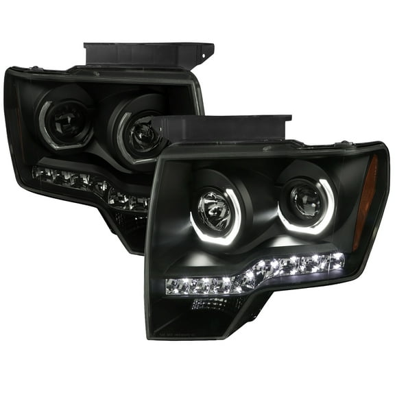 Dual U-Ring Halo Projector Headlights w/ LED Light Strip (Matte Black Housing/Smoke Lens) Made for and Compatible with 2009-2014 Ford F-150