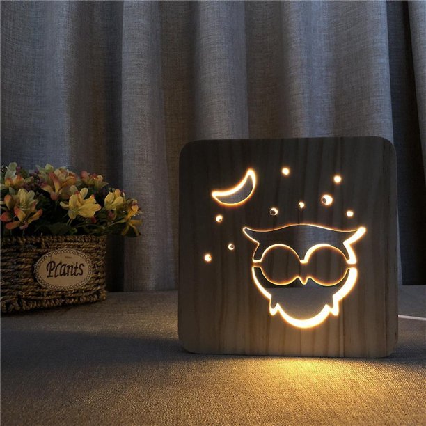 Luz de noche de búho para niños, lámpara 3d de madera, luces de madera creativas, luces decorativas simples, patrón de talla de madera 3d, luz de noche Led para escritorio Feliz Sencillez