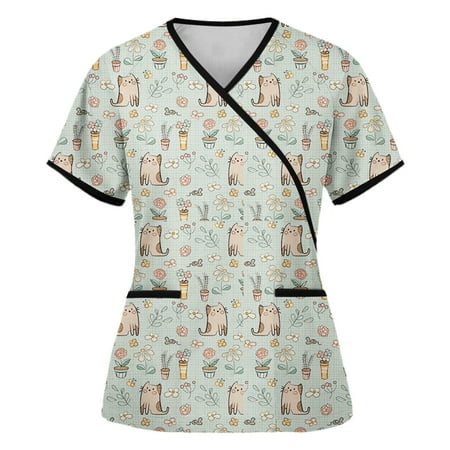 

Women s Casual Loose Scrub_Tops Clearance Cute Fox Graphic Pattern Tees Woman Vintage Short Sleeve Western Shirts V Neck Nurse Uniform T Shirt 2023 Summer Tunic Lady Work Blouses Mint Green XXL