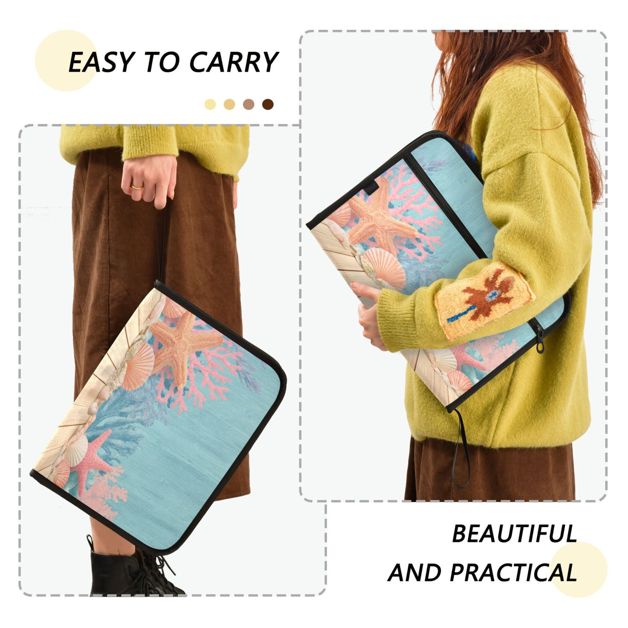 Accordion File Organizer with Zip Closure 13 Pockets Expanding File Folder Letter A4 Paper Document Organizer for Home Office Colorful Starfish and Seashells
