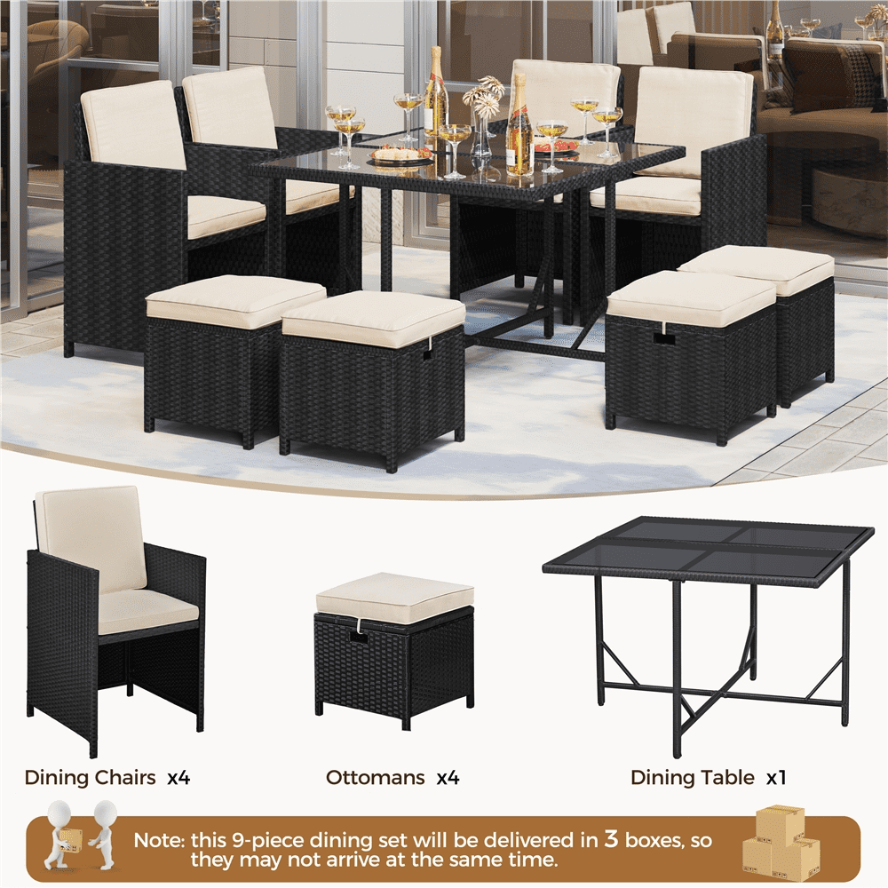 Renwick 9-Piece Patio Dining Set with Rattan Chairs, Table and Ottomans, Black/Beige