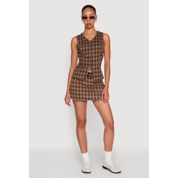 Womens Fleece Lined Plaid Mini Skirt with Belt