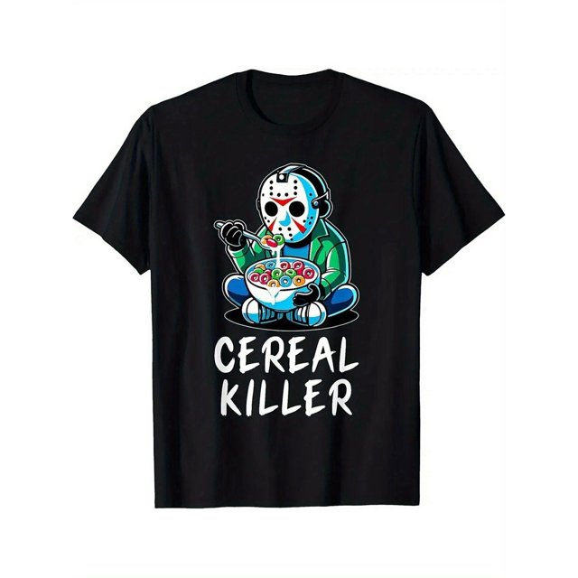 Halloween T-shirt - Cereal Killer Graphic T-Shirt - 100% Cotton Soft Crew Neck Tee with Humorous Horror & Cereal Art, Unisex Casual Short Sleeve Shirt for Men & Women, Perfect Gift for Horror