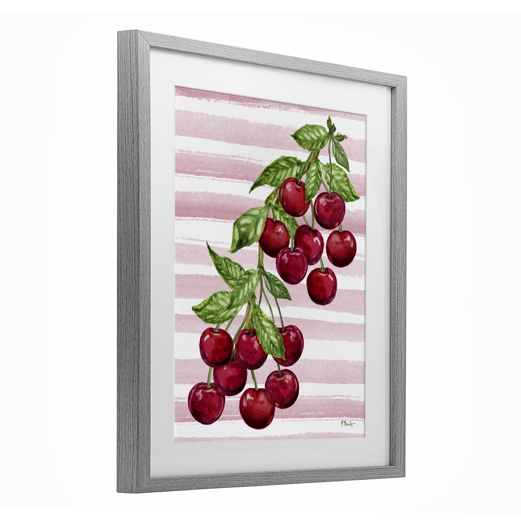 Stupell Industries Juicy Cherry Vine on Stripes Gray Framed Print Under Glass, design by Paul Brent