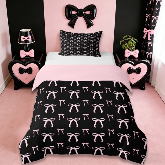 Erosebridal Pink Bowknot Twin Bedding For Girls,Cute Bows Kawaii Stars Duvet Cover Set,Pink Black 2 Pieces,No Comforter,Reversible