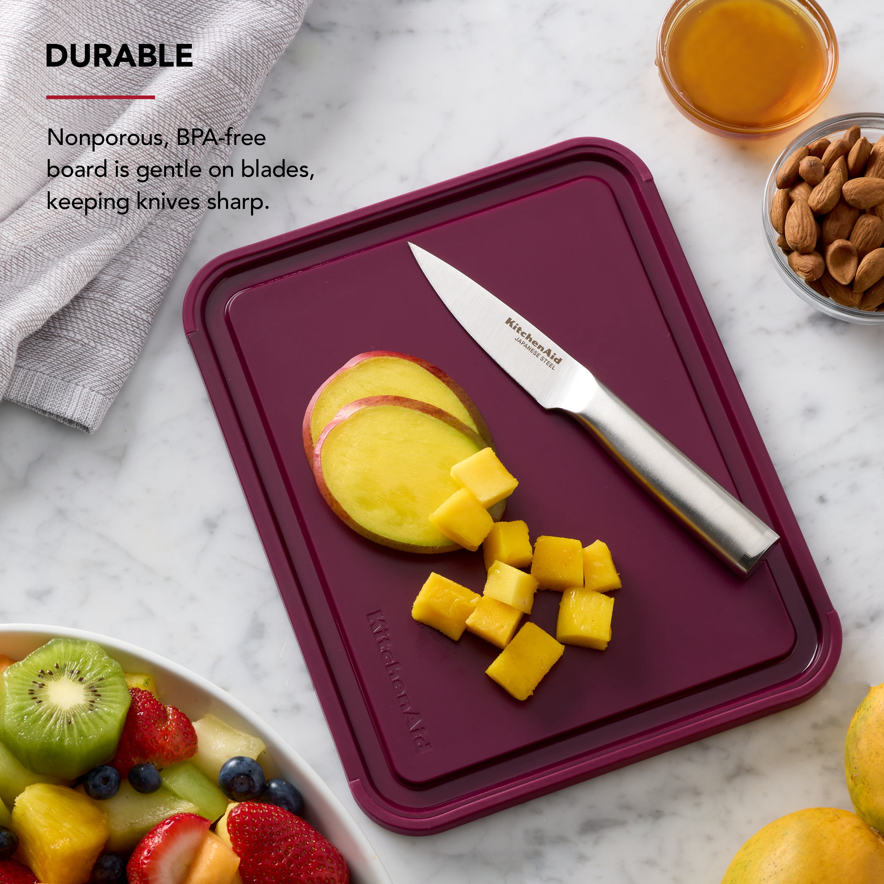 KitchenAid Classic Plastic Cutting Board with Trench, Non-Slip Edges, Dishwasher Safe, 8x10, Beetroot