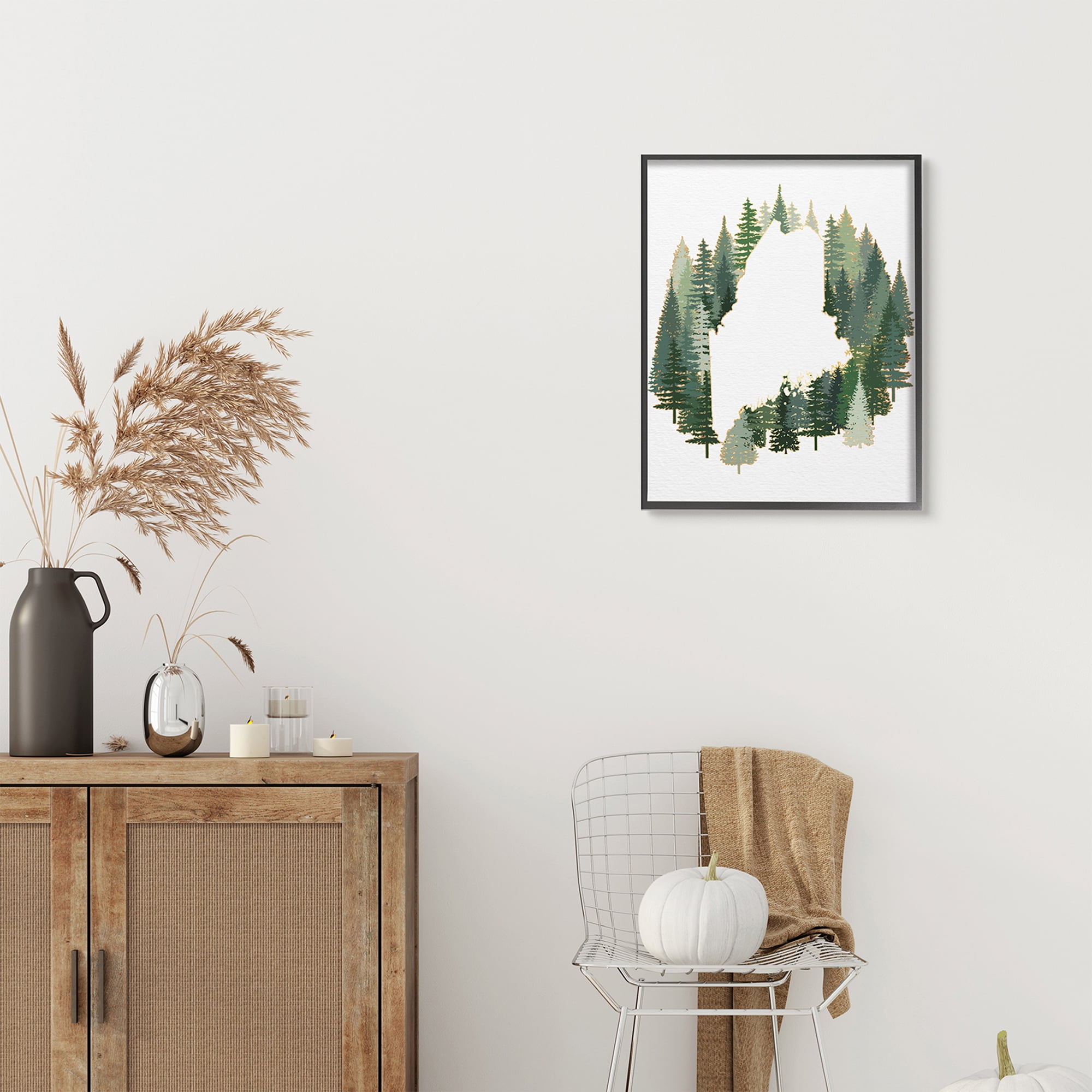 Stupell Industries Maine State Outline Green Forest Pine Trees Town & City Painting Black Framed Art Print Wall Art, 24 x 30