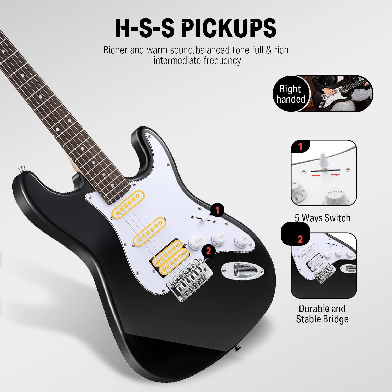Donner DST-100B 39" Electric Guitar Beginner Kit Solid Body Full Size HSS for Starter, with Amplifier, Bag, Digital Tuner, Capo, Strap, String, Cable, Picks, Black - image 2 of 11