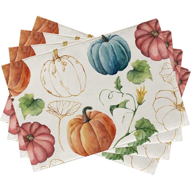 Ensemble de 4 Sets de Table Citrouille Colorée d'Automne, Sets de Table de Salle à Manger Aquarelle Bleue de l'Action de Grâce, Décorations Rustiques en Coton Lin Lavables d'Automne 12 x 18 Pouces