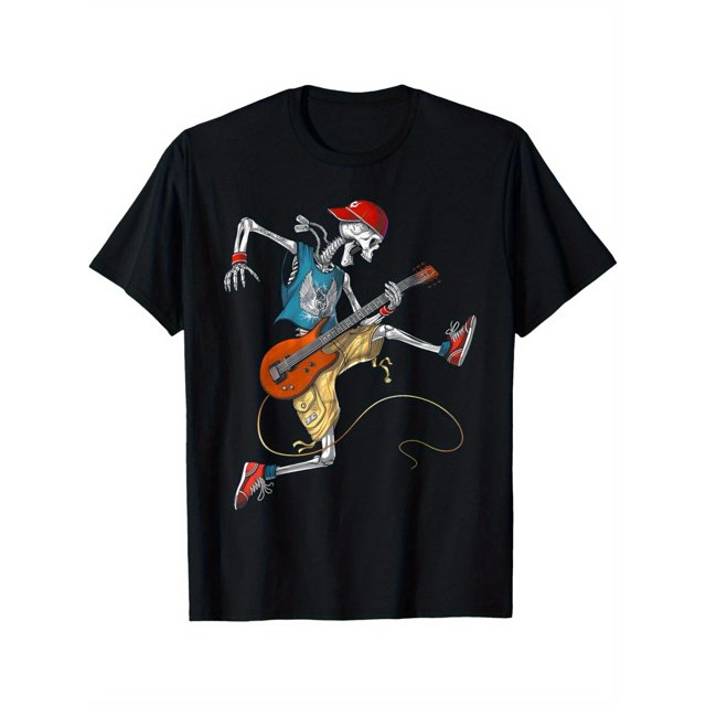Men's Retro Skeleton Guitarist Cotton T-Shirt – Soft & Comfortable, Black Casual Crew Neck Short Sleeve Tee, Perfect for Music Lovers & Couples, Regular Fit, 100% Cotton Fabric, Slight Stretch