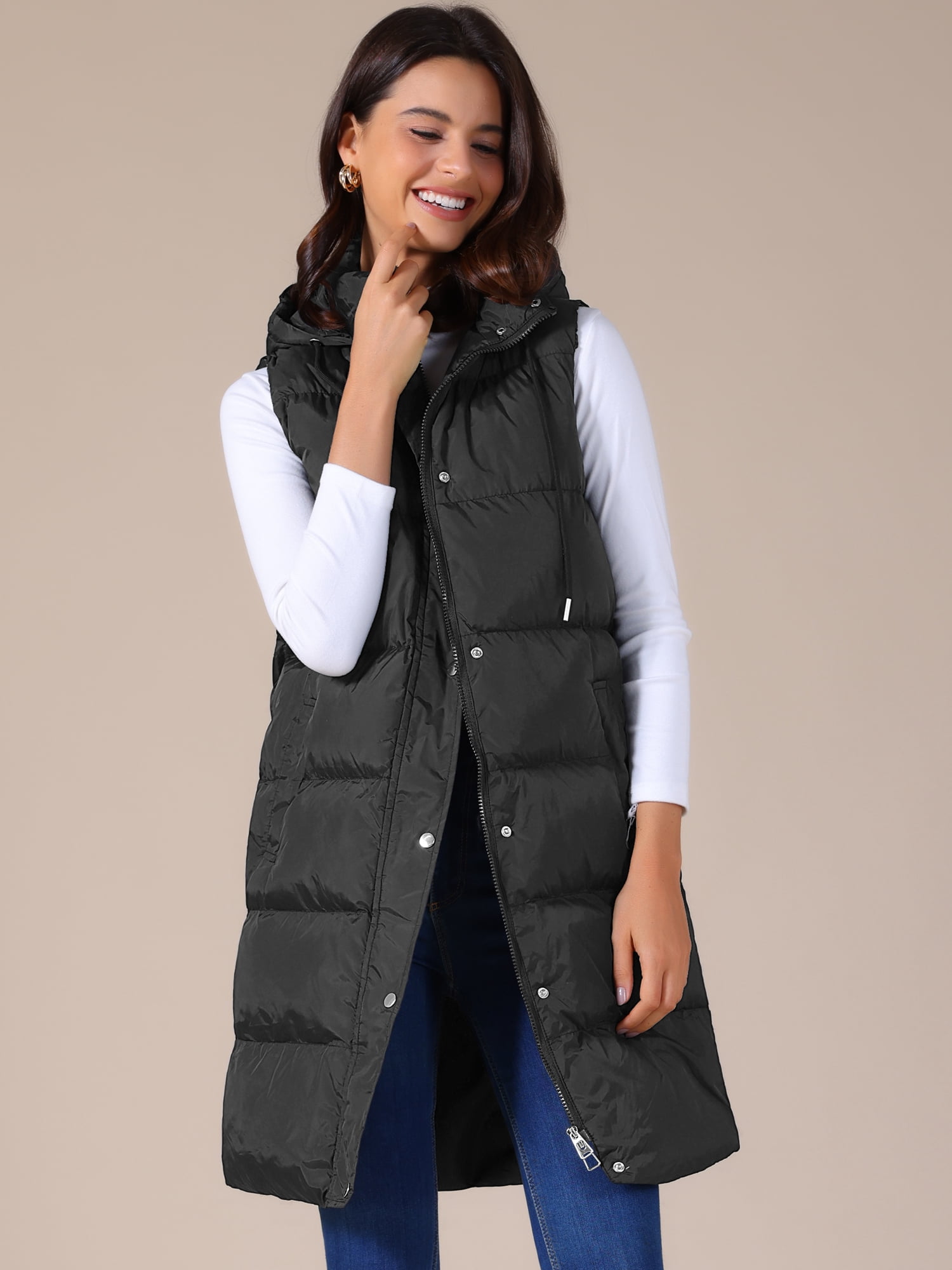 DARING DIVA Women's Long Puffer Vest Casual Sleeveless Hooded Down Jacket S Black