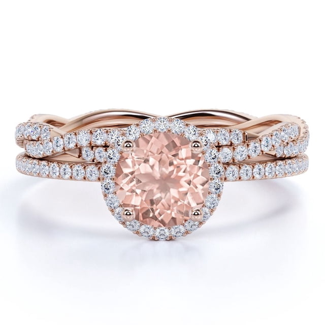 JeenMata Conjunto de Trío de Morganita Creada en Corte Redondo de 1,5 Quilates - Conjunto de Novia - Conjunto de Trío de Boda - Anillo de Halo - Anillo de Racimo - Oro Rosa de 18 K sobre Plata