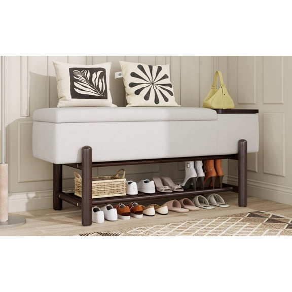 47" Storage Bench with Lift Top and Storage, Modern Entryway Bench with Lower Rack and Cushion Board, Farmhouse Upholstered Bench for Living Room Entryway Hallways, Espresso