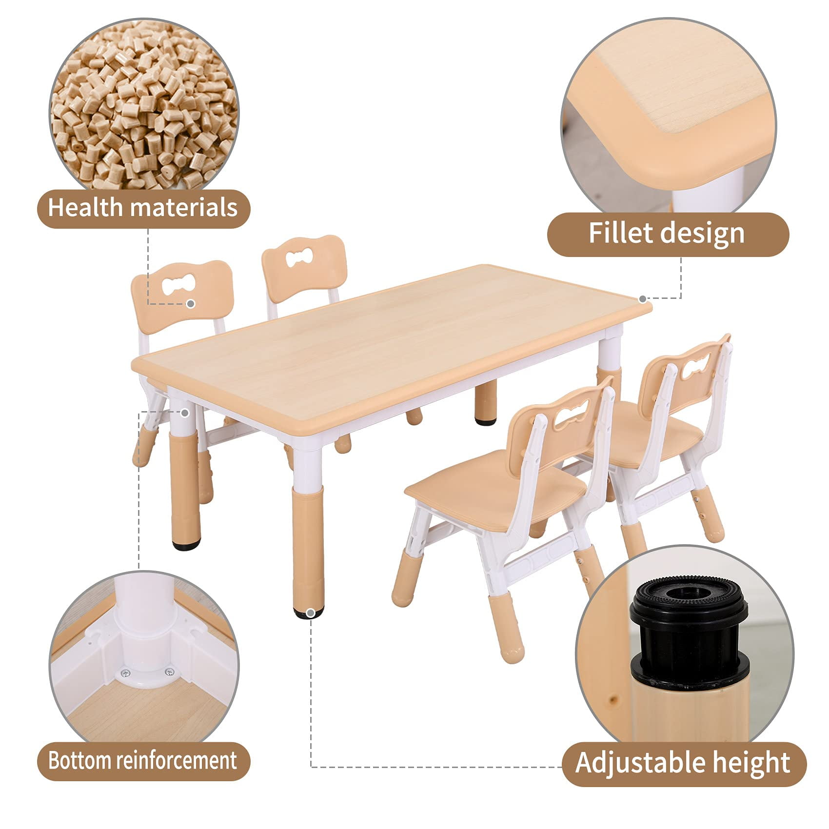UNICOO® Kids Study Table and Chairs Set, Height Adjustable Plastic Children Art Desk with 4 Seats, Kids Multi Activity Table Set (Maple Top + Nature Board)