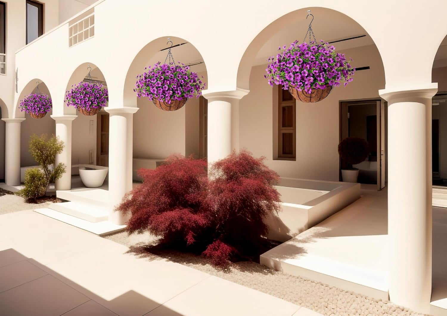 Artificial Flowers Hanging Basket for Outdoor Indoor Spring Decoration,Fake Silk Colorful Daisy Eucalyptus in Metal Coconut Lining Flowerpot Arrangement for Patio Yard Decor(Purple)