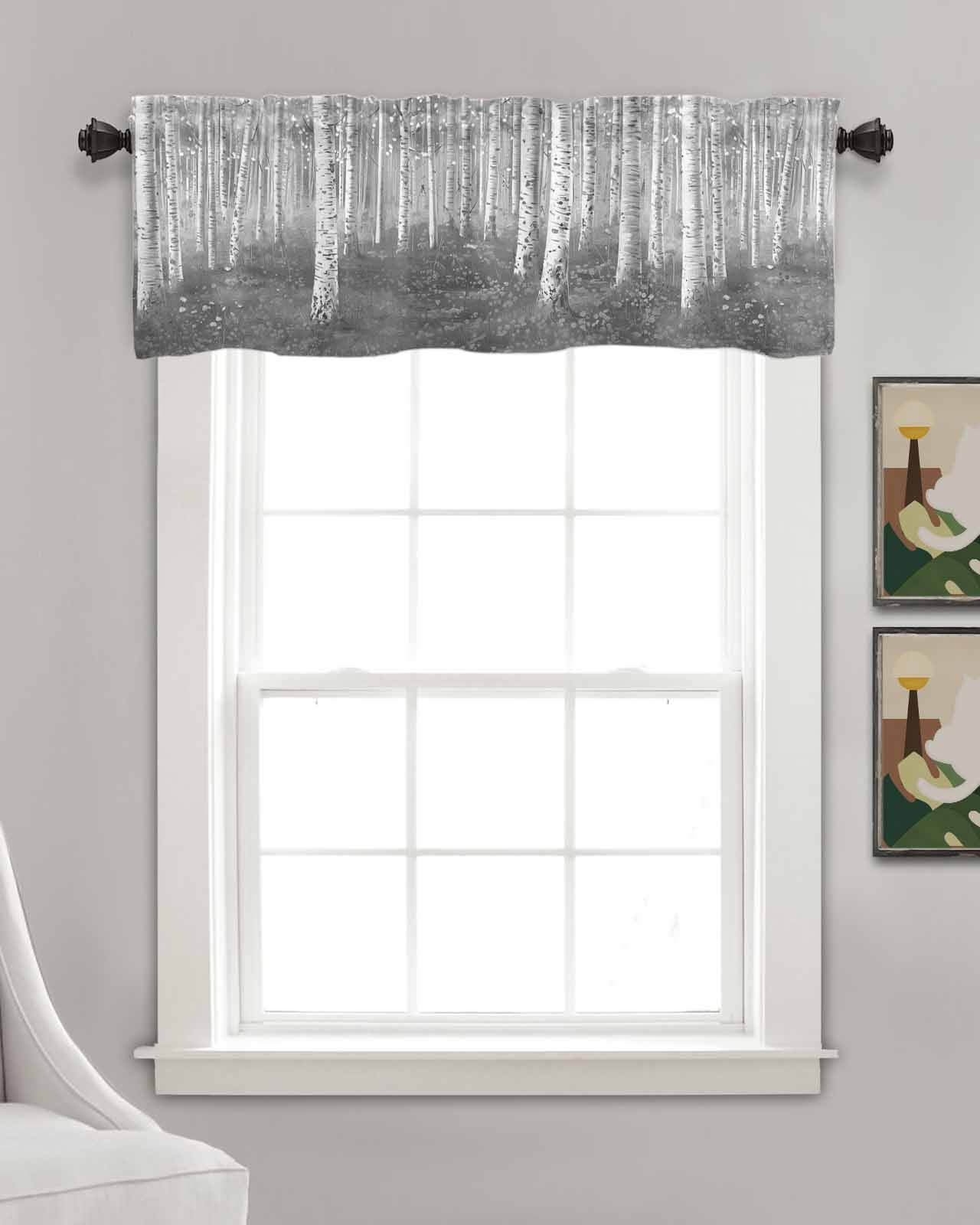 Grey Forest Tree Linen Curtain Valance for Bedroom/Bathroom/Kitchen/Living/Dining Room Window,Farmhouse Country Nature Scenic Painting Pocket Topper Drapes Decorative Cafe Drapery Panel 60"x18"