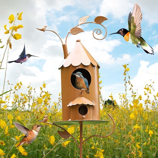 Metal Bird House With Poles Outdoor Metal Bird House Stake Bird House For Patio Backyard Patio Outdoor Garden Decoration