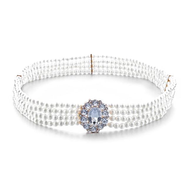 Mujeres 4 Fila Perla Abalorios Cristal Hebilla Cintura Elástica Corsé Cinturón Pretina Yuyangstore Cinturón de cadena de mujer