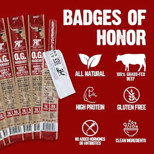 Righteous Felon Grass-Fed Meat Sticks - Low Sugar, High Protein Beef - OG Hickory, 24 pack