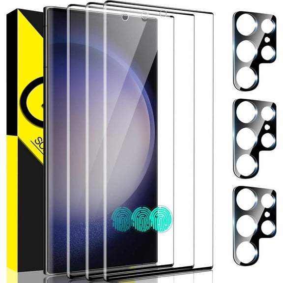 [3 3Pack] Screen Protector for Samsung Galaxy S23 Ultra, 3 Pack 9H Tempered Glass Screen Protector   3 Pack Camera Lens Protector, Fingerprint Support Anti-Scratch Bubble Free Case Friendly