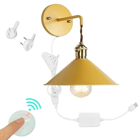 

FSLiving Remote Control Retro Wall Light with USB Plug Receiving Controller Metal Macaron Color Wall Sconce with Recessed Push Button Switch Cord (4.9 Feet) and Remote Control Switch - Yellow