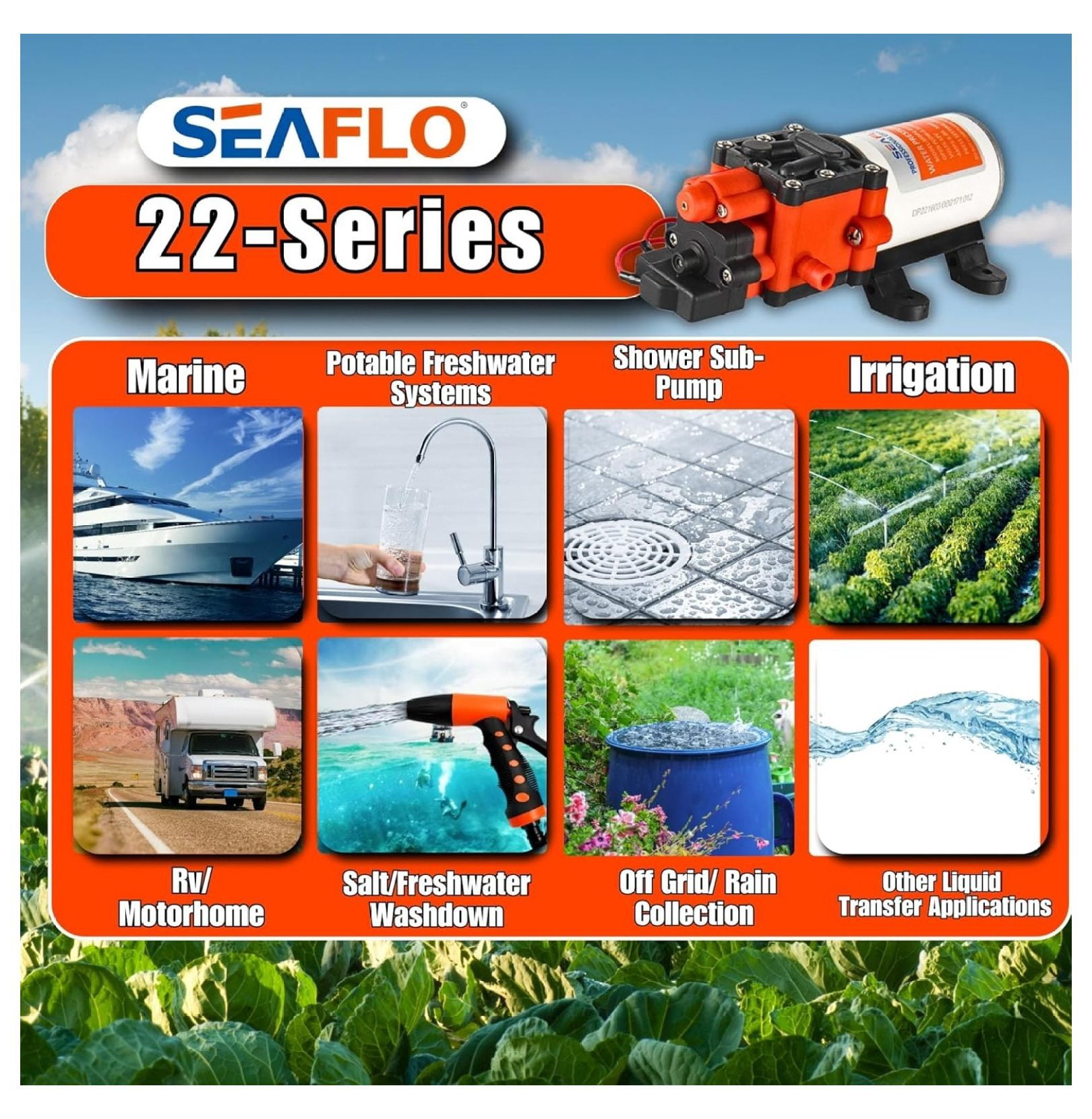 22-Series Water Pump - 12V, 1.3 GPM, 100 PSI - On-Demand Water Pressure Diaphragm Pump for Marine, RV, Agriculture, and Off-Grid Applications
