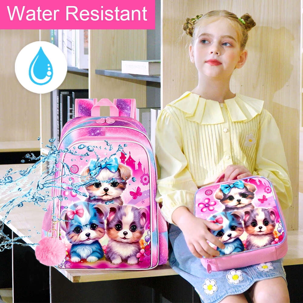 AGSDON 3PCS Backpacks for Girls, 16" Elementary Kids Cute Dog Backpack Preschool School Bookbags and Lunch Box