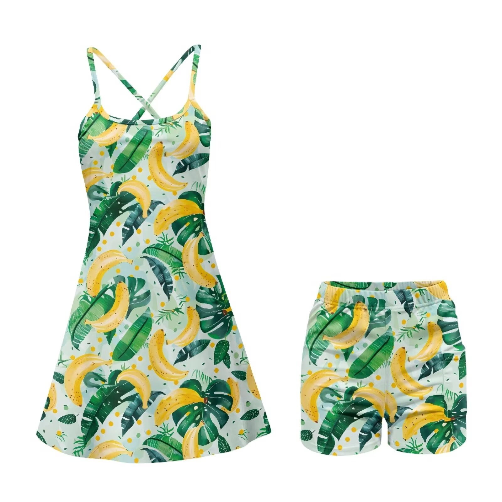 Yuyamidu Banana Women Athletic Dress Summer Tennis Golf Dresses for Women Size 2XL Green Palm Leaves Workout Active Sports Dress and Built in Shorts with Pocket