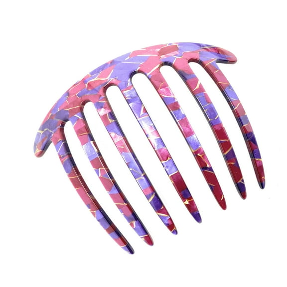 French Amie 7 teeth Pink Purple Mosaic Handmade Celluloid Acetate Side Hair Comb