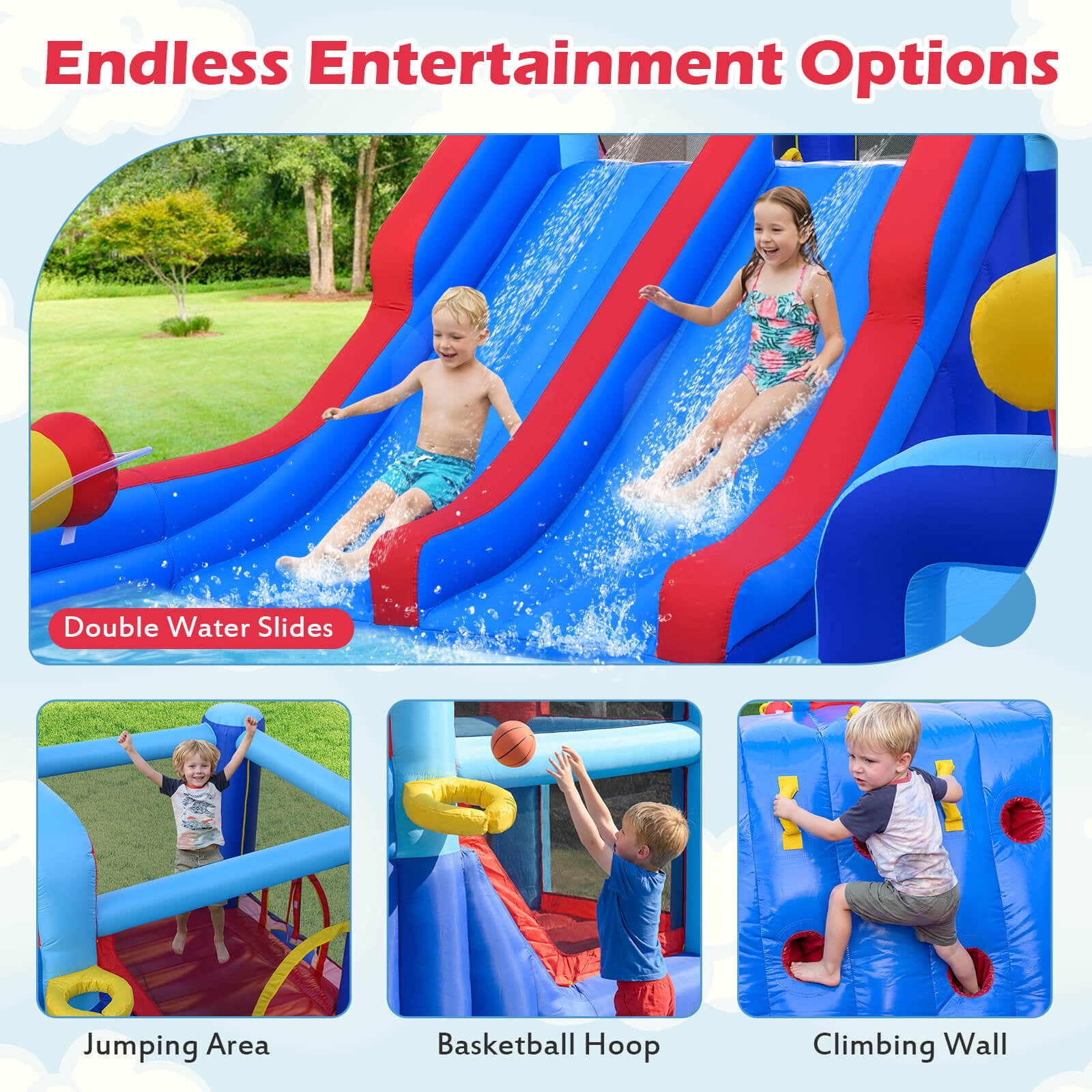 Costway Inflatable Water Slide Park Kids Bounce House Splash Pool with 750W Blower