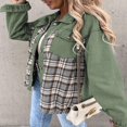 thumbnail image 2 of SHEWIN Women‘s Denim Jacket Plaid Patchwork Shacket Long Sleeve Button Down Oversized Jean Jacket Coat Green, 2 of 6