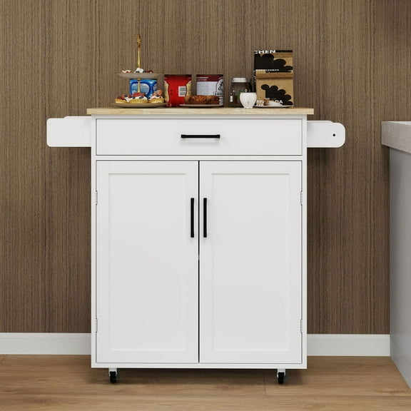 S-HOME White Rolling Kitchen Island Trolley Cart with Drawer and Adjustable Shelves, Durable Rubber Wood Top and Towel Rack