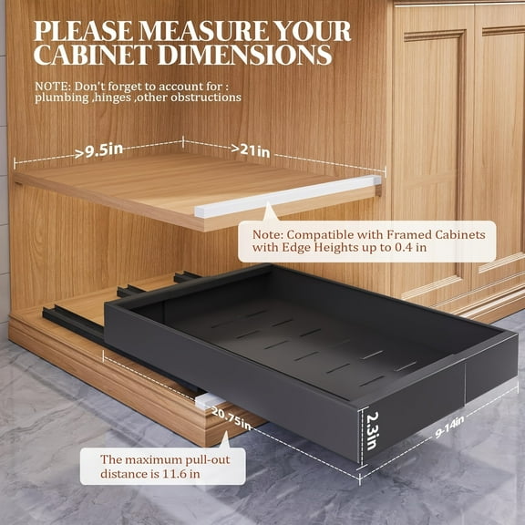 Heavy-Duty Pull-Out Storage Tray with Silent Slide Rail, Under-Cabinet Organizer for Kitchen, Bathroom, Garage - Space-Saving Drawer in Black/White