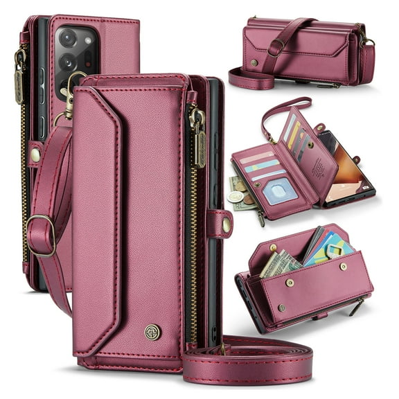 for Samsung Galaxy Note 20 Ultra Full Body Protection Wallet Folio Flip Case, Shoulder Strap & Wristlet Card Slots Zipper Pocket RFID Blocking Rugged Durable PU Leather Phone Case Cover, Winered